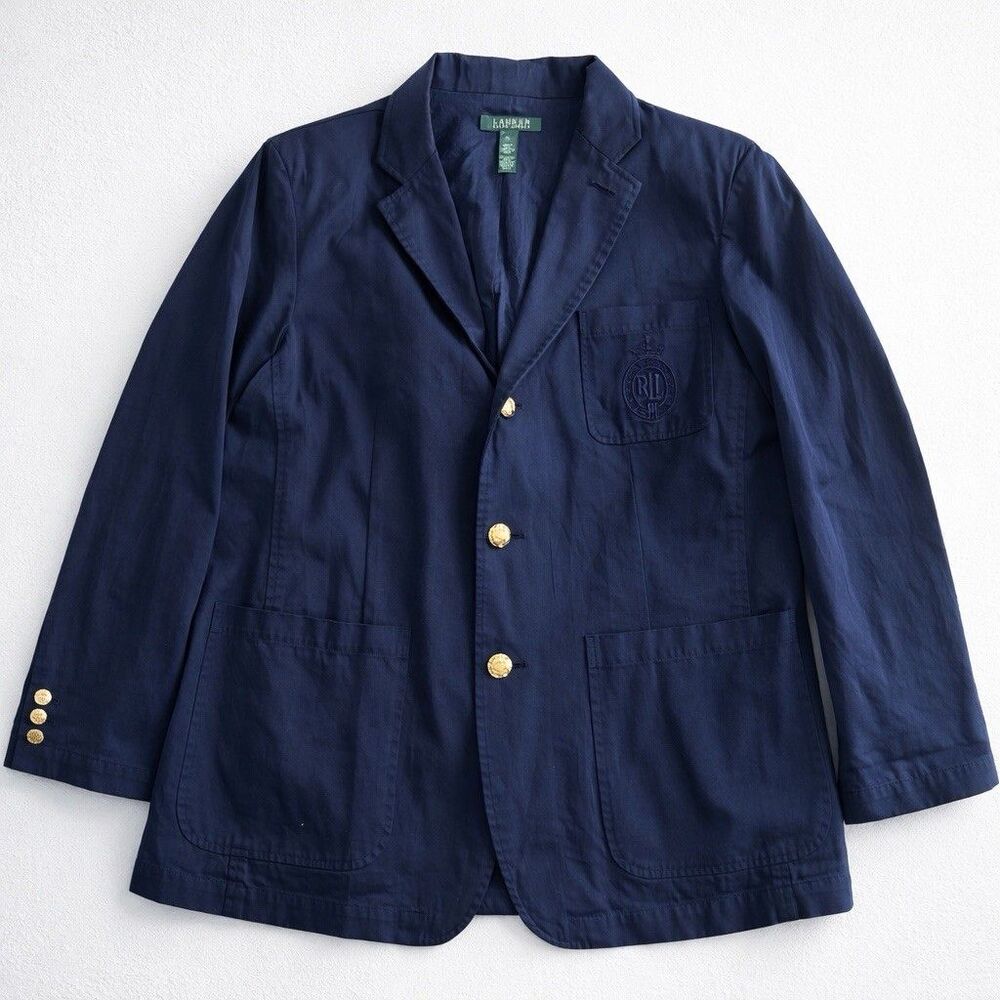 Ralph Lauren Navy Cotton Blazer Gold Buttons, Embroidered Crest, Pockets, XL